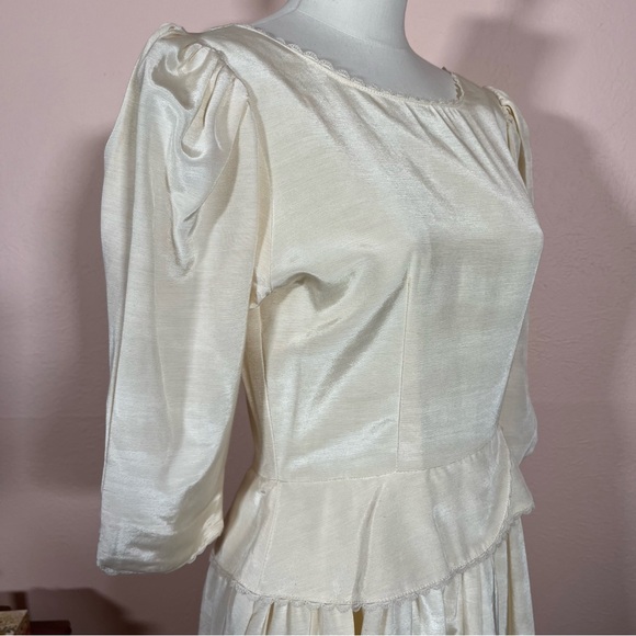 Vintage 80 90 Lanz Cream White Satin Puff sleeve Peplum Victorian Dress wedding - Picture 12 of 17